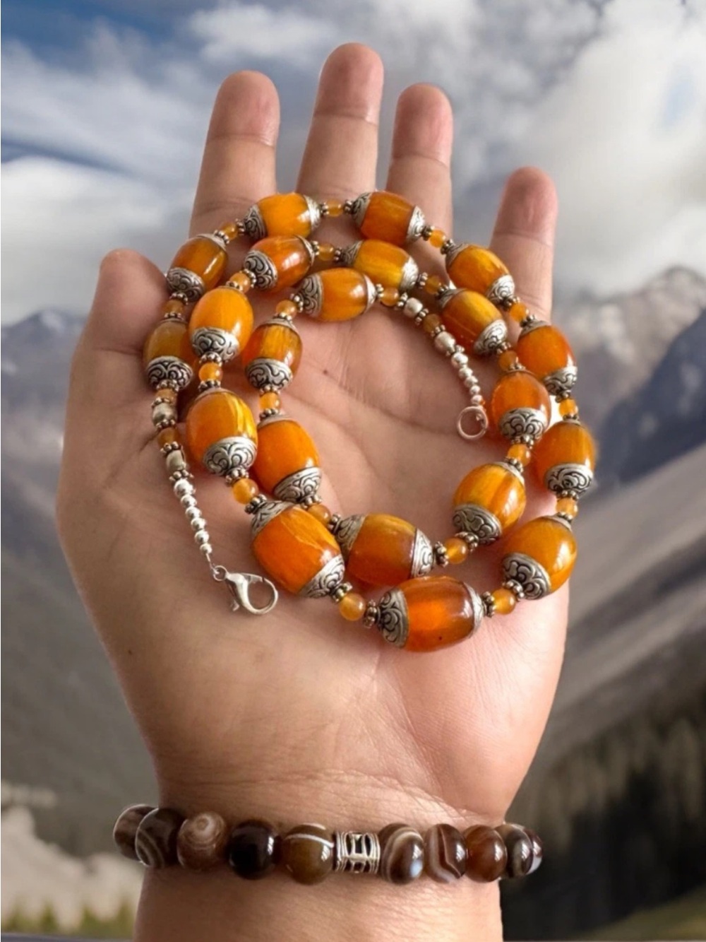 Vintage Style Carved Silver Capped Amber Resin Necklace & Earrings Set 26”in,47g